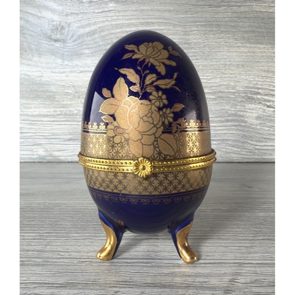 Vtg Cobalt Blue & Gold Gilt Egg Trinket Box Hinged Hand Painted Floral Footed